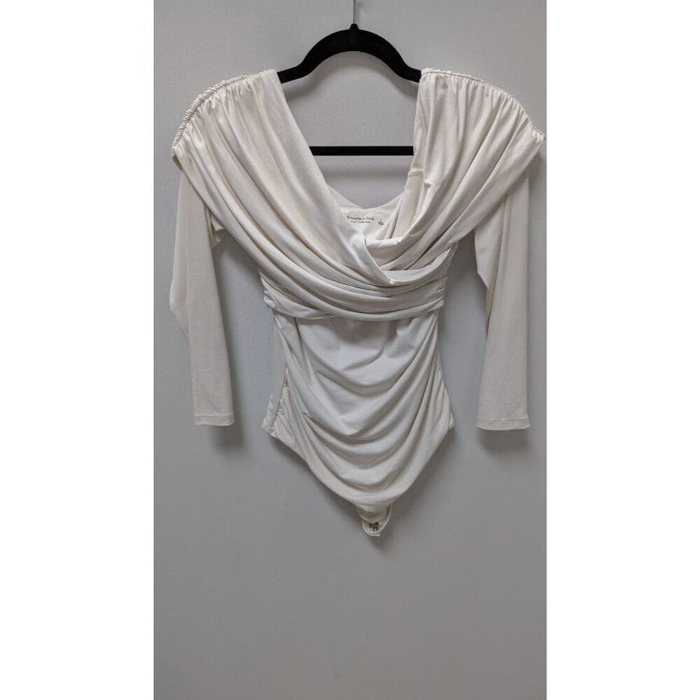 Abercrombie & Fitch Ivory Long-Sleeve Faux-Wrap Bodysuit